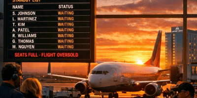 Airport gate C23 screen showing overbooked, delayed flight to New York JFK with standby list
