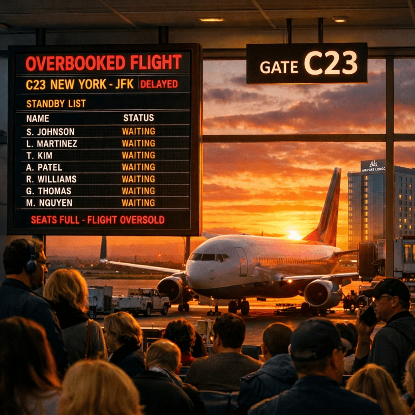 Airport gate C23 screen showing overbooked, delayed flight to New York JFK with standby list