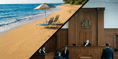 Empty beach chairs and umbrella on sandy shore next to courtroom with judge and lawyers