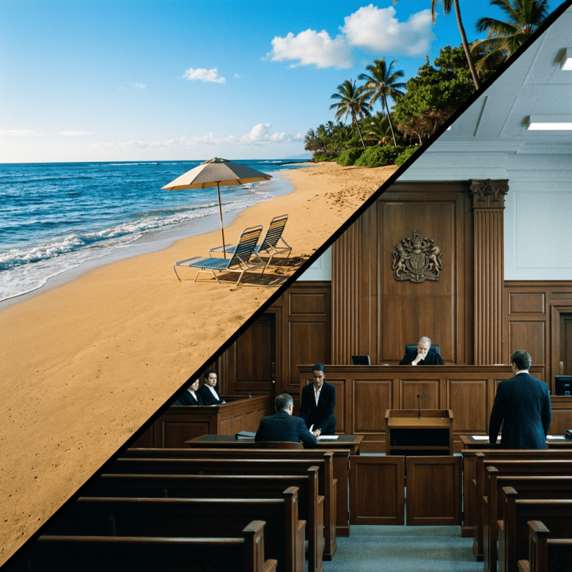 Empty beach chairs and umbrella on sandy shore next to courtroom with judge and lawyers