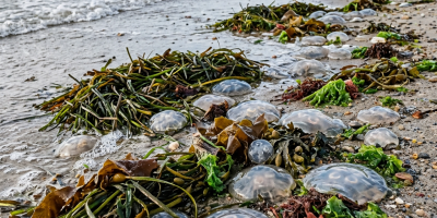 Jellyfish and seaweed scattered along wet sandy beach near ocean waves