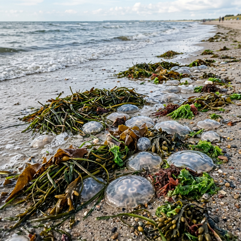 Jellyfish and seaweed scattered along wet sandy beach near ocean waves