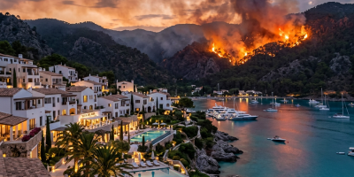 Wildfire burning on hills above coastal resort with boats in harbor and lit swimming pools