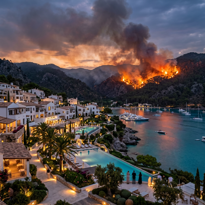 Wildfire burning on hills above coastal resort with boats in harbor and lit swimming pools
