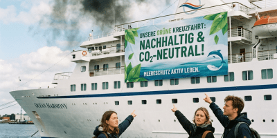 Activists beside Ocean Harmony ship; banners read “Unsere grüne Kreuzfahrt: nachhaltig & CO₂-neutral!” and “Greenwashing? Nein danke!”