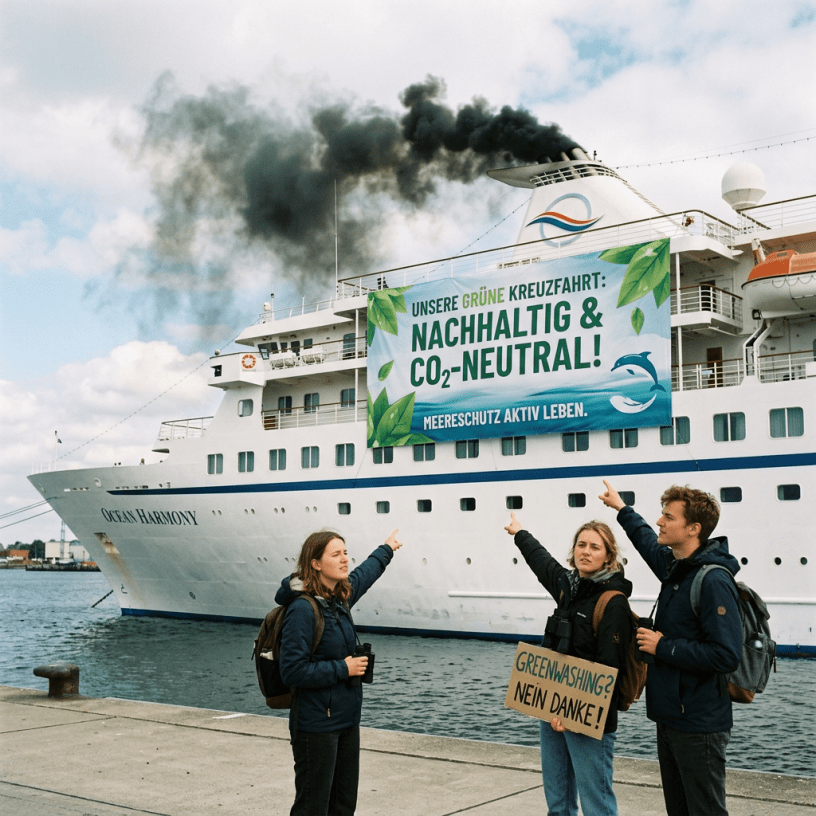 Activists beside Ocean Harmony ship; banners read “Unsere grüne Kreuzfahrt: nachhaltig & CO₂-neutral!” and “Greenwashing? Nein danke!”
